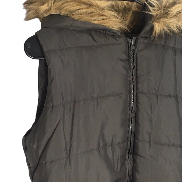 London Fog  Puffer Vest  Faux Fur Hood  Women Medium 90s Warm Full Zip Brown - Picture 4 of 12
